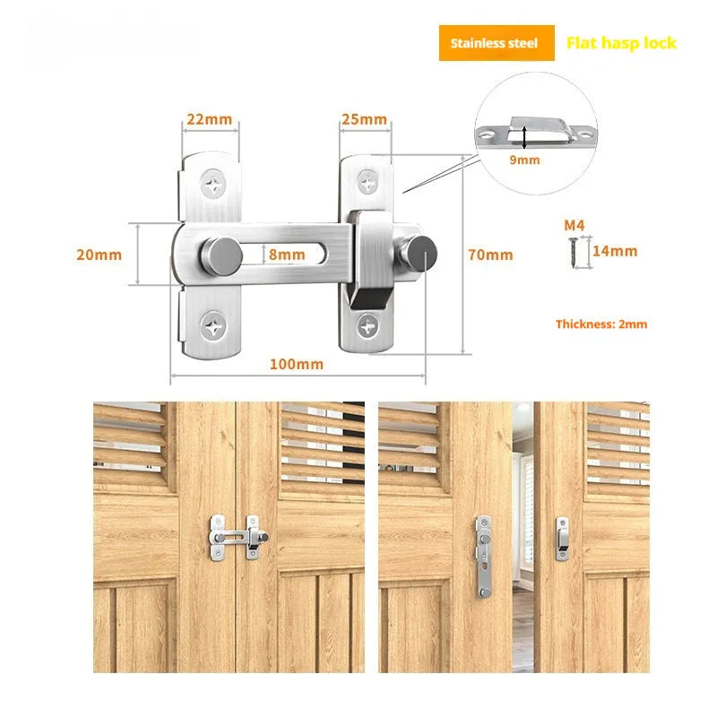 American-style barn door lock with 90-degree hasp for sliding doors in stainless steel or carbon steel