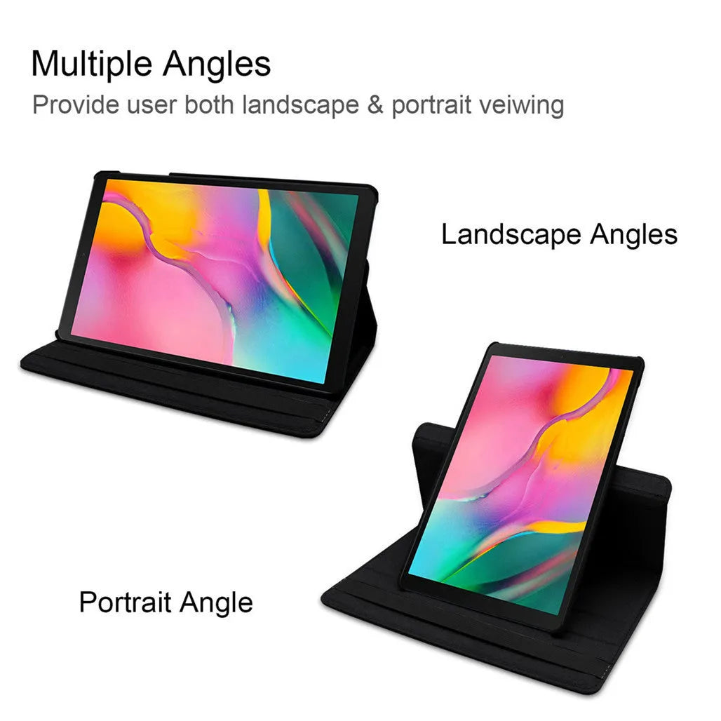 iPad rotating protective sleeve in imitation leather clamshell design showing rotation function and solid colour options