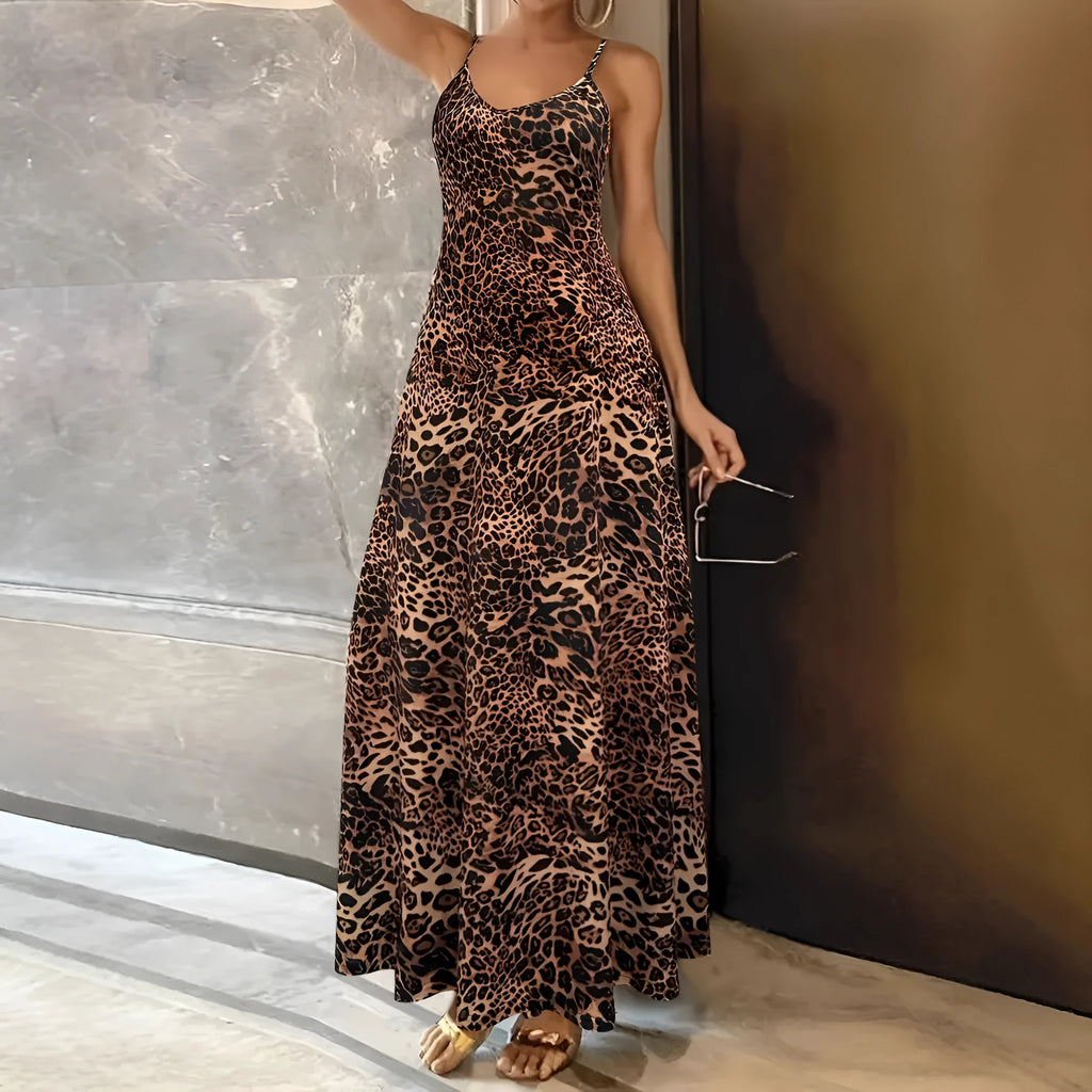 Dark brown leopard print sleeveless dress with shoulder straps and long hip skirt