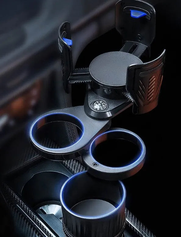 Adjustable car cup holder with retractable base in carbon fibre black finish
