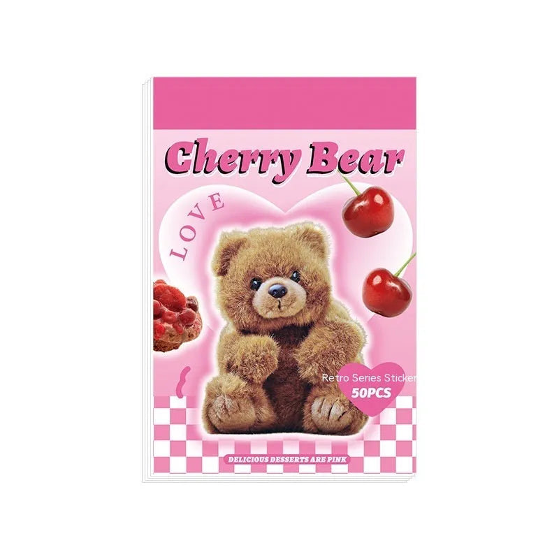 American retro cartoon sticker book with 50 sheets, each measuring 4x6cm, shown in multiple colour options.