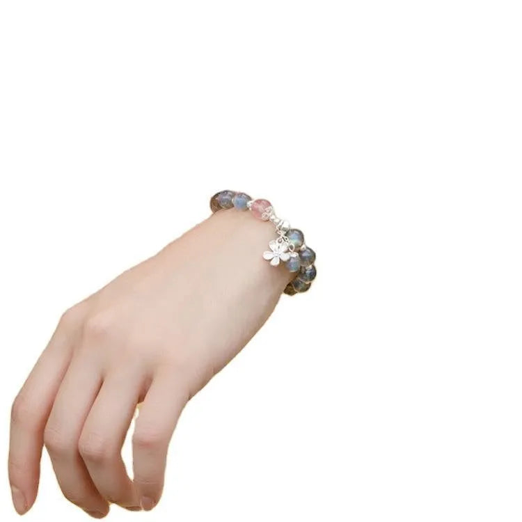 Women's 925 silver crystal bracelet with 7.5mm gray moonlight and strawberry beads, honeysuckle style, animal zodiac design
