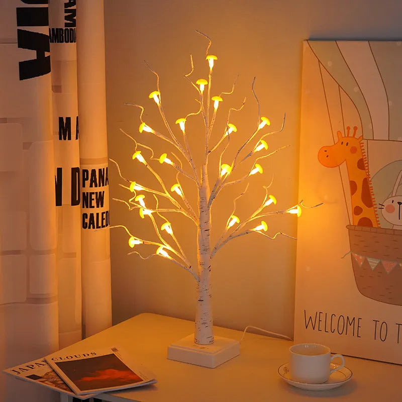 60cm tall white mushroom tree lamp with warm LED lights and small detachable red mushroom flowers on birch branches.