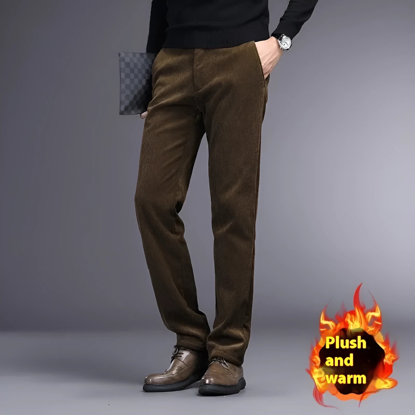 British retro striped straight leg trousers for men, available in khaki colour, showing side view