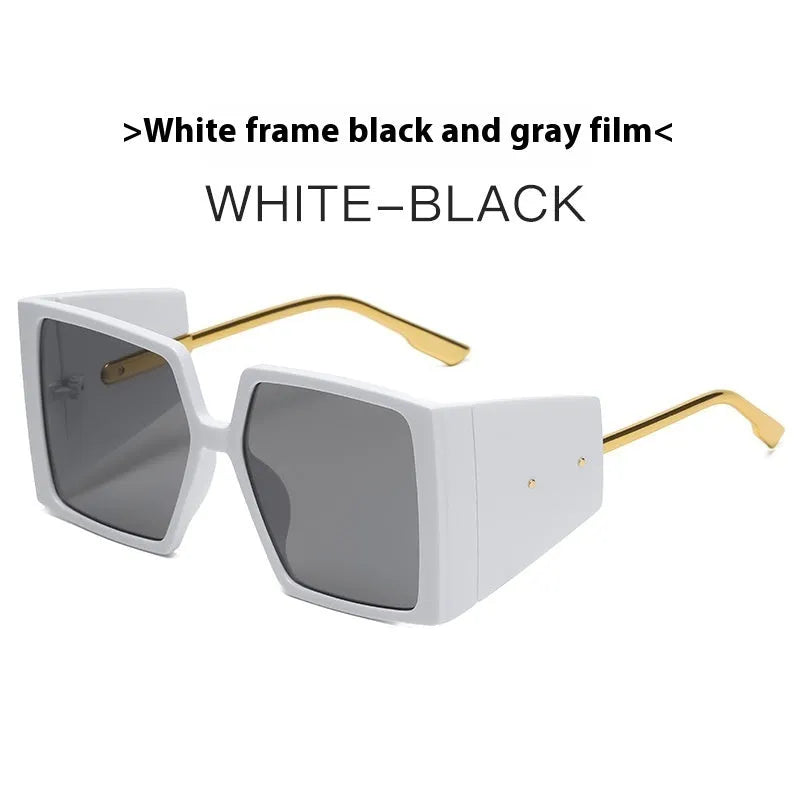 Large square frame sunglasses shown in multiple colour options including black, blue, and orange.