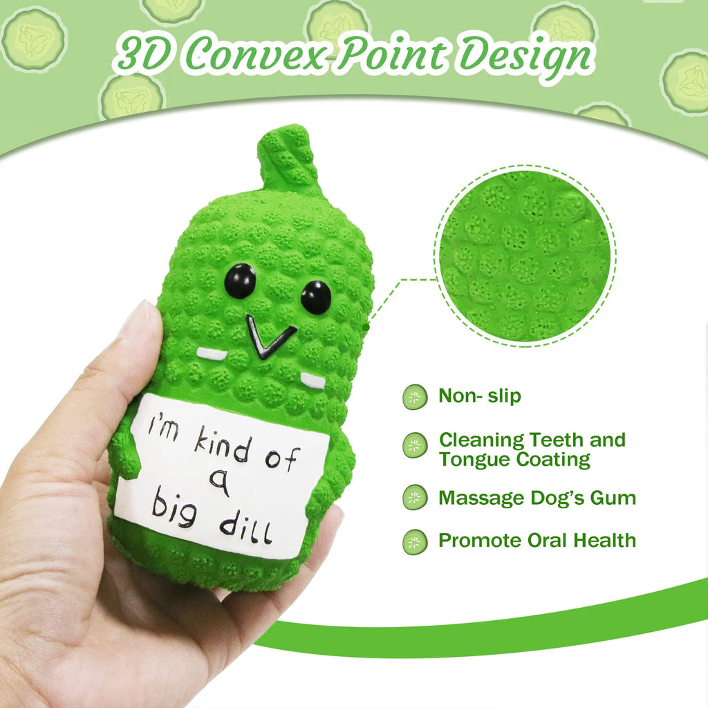 Bright green pickle-shaped latex dog chew toy with textured surface and squeaker inside