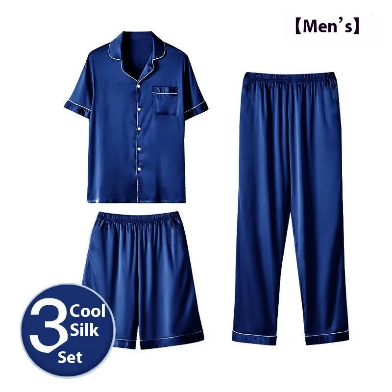 Men's ice silk three-piece home wear suit in a colour, showing top, shorts, and trousers laid flat.