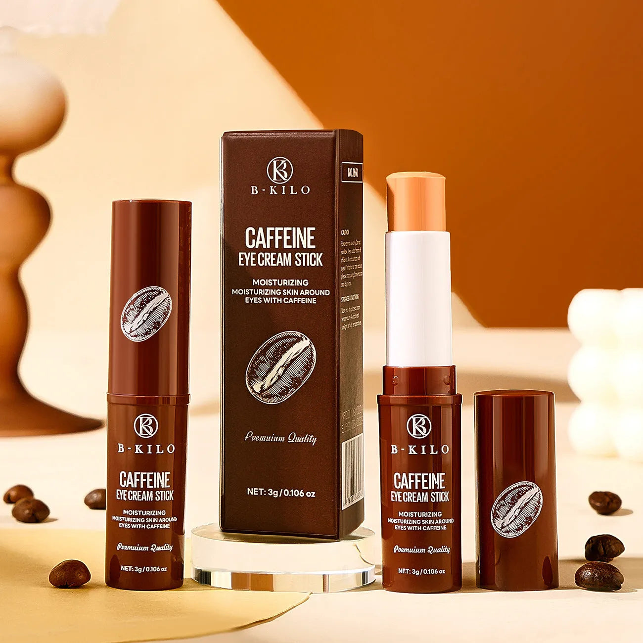 Caffeine eye cream stick in portable packaging for under-eye application