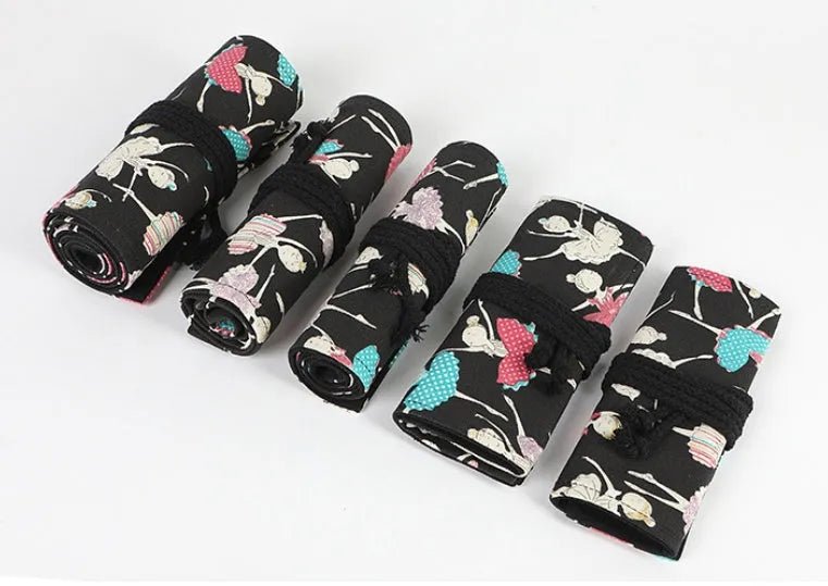 Canvas rolling pencil case with ballet girl print showing multiple pencil capacity options