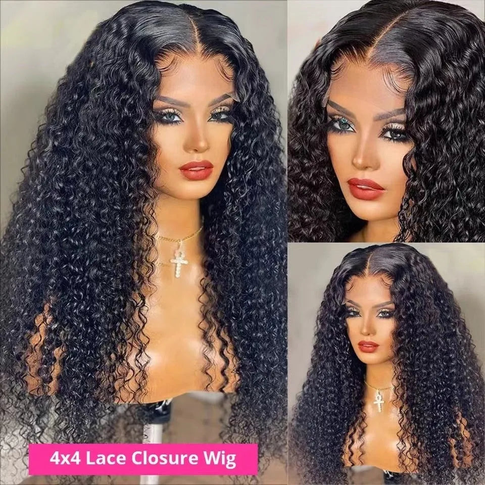 Long curly lace wig headgear with side bangs in black, high temperature fibre, available in 12 to 32 inch lengths