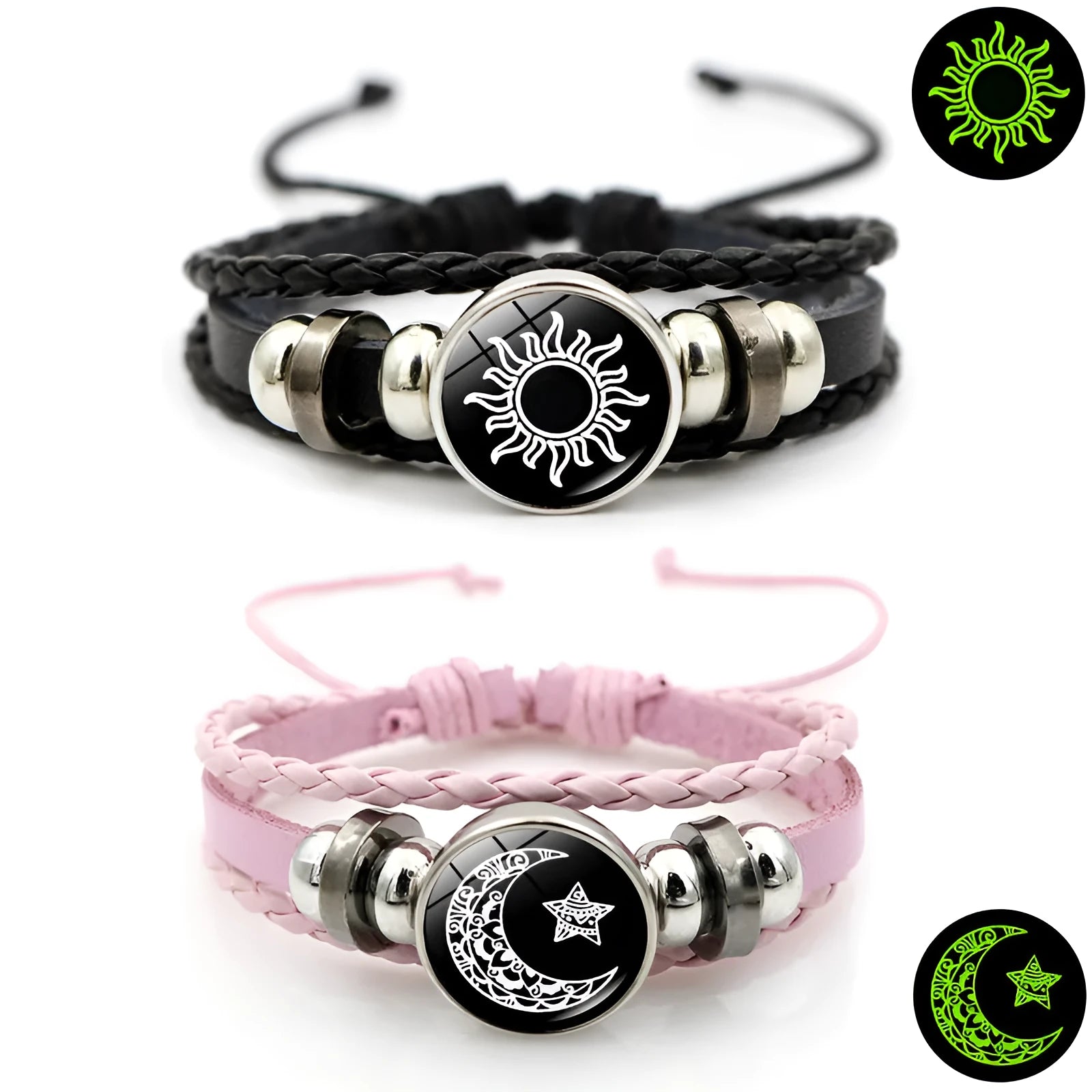 Luminous sun and moon couple leather bracelet unisex alloy electroplated with geometric glass pattern