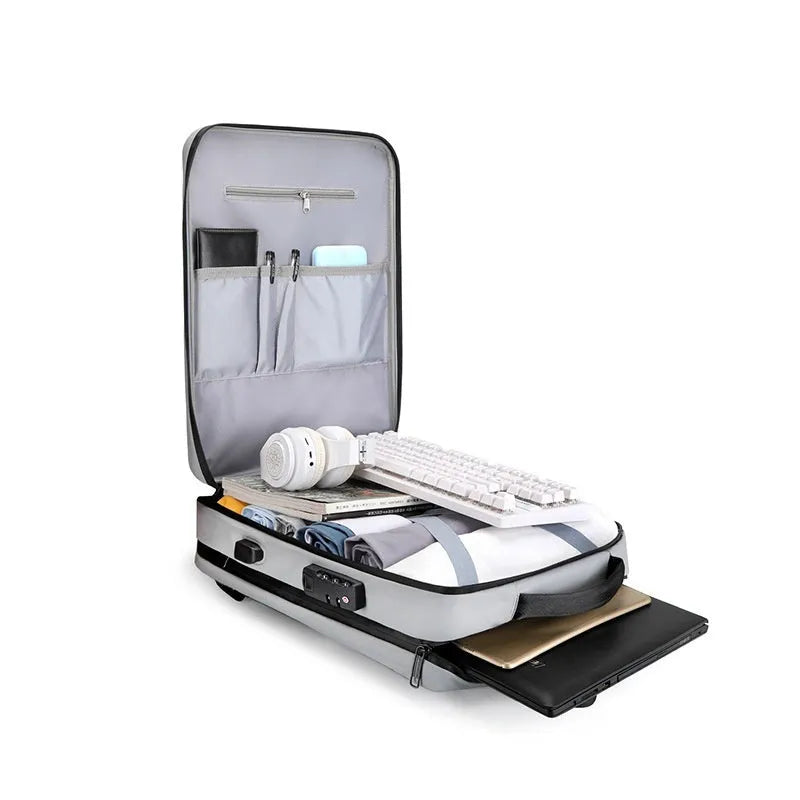 Black and silver white waterproof ABS PC business backpack with Oxford cloth panels and curved shoulder straps