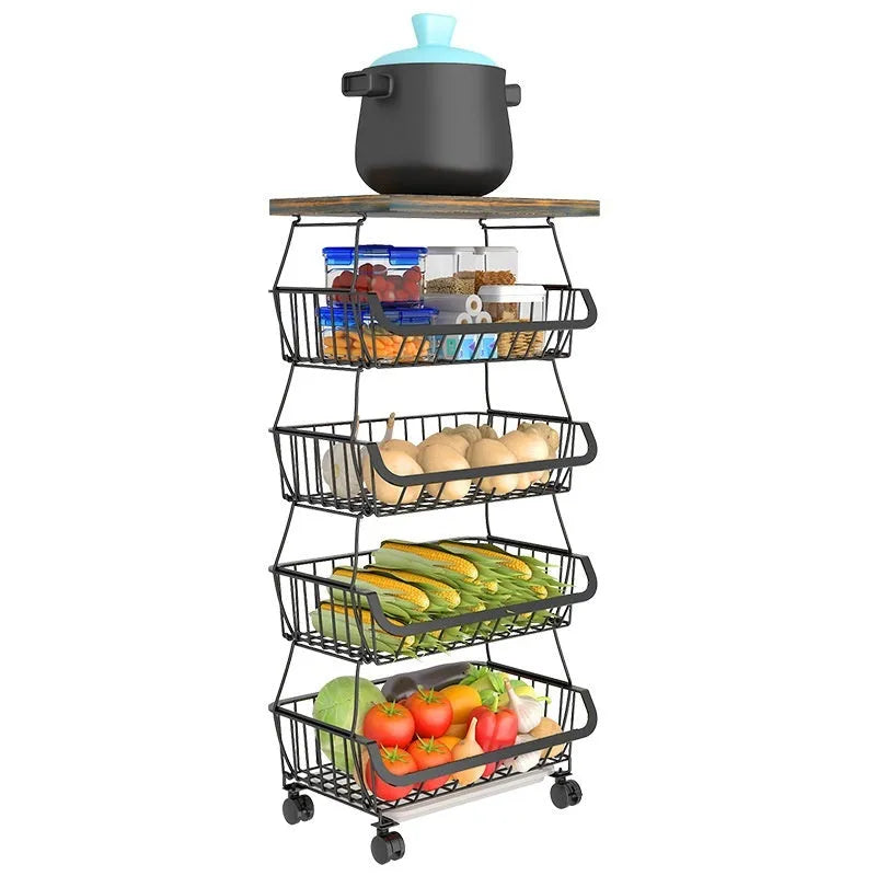 Black six-layer freestanding kitchen storage rack with foldable carbon steel frame