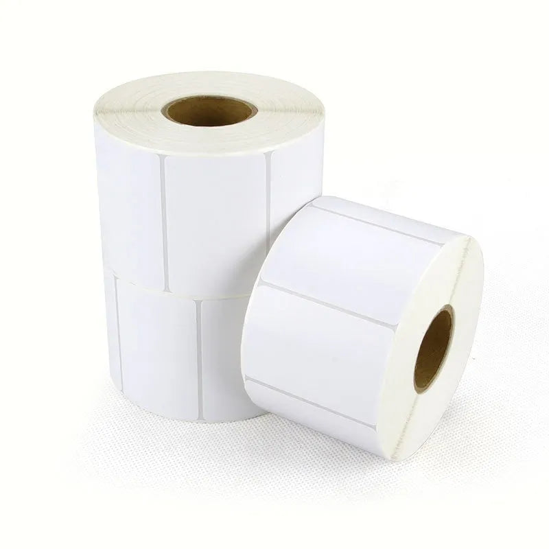Roll of white 40x40mm four-proof thermal synthetic paper adhesive labels for retail pricing.