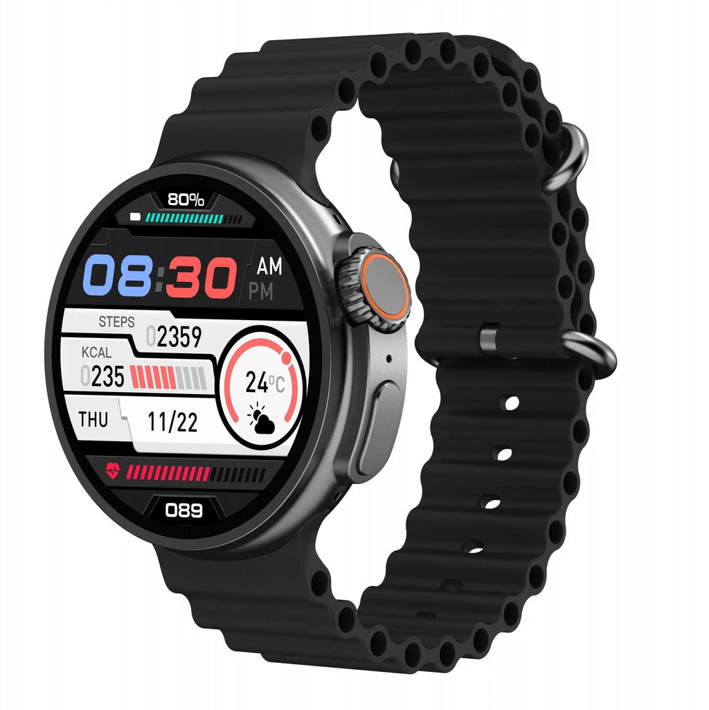 K9 smart watch with round screen on silicone strap showing fitness stats interface