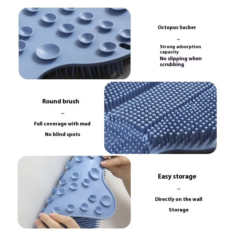 People rubbing gadget bath rub cushion silicone massage mat in blue, grey and pink colours