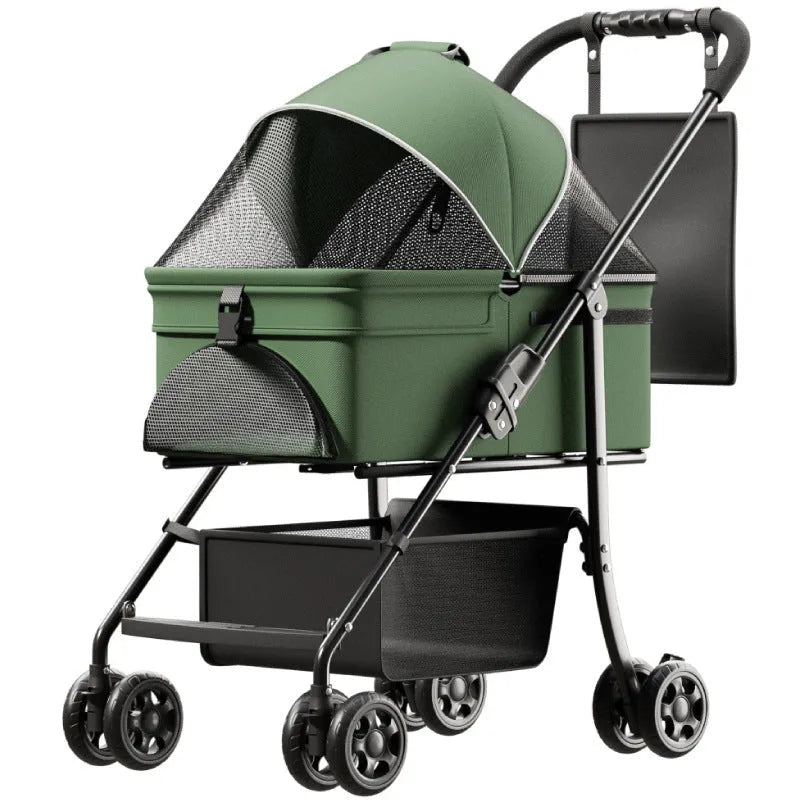 One-click folding large capacity pet cart in black warrior basic style with metal frame, collapsed for storage