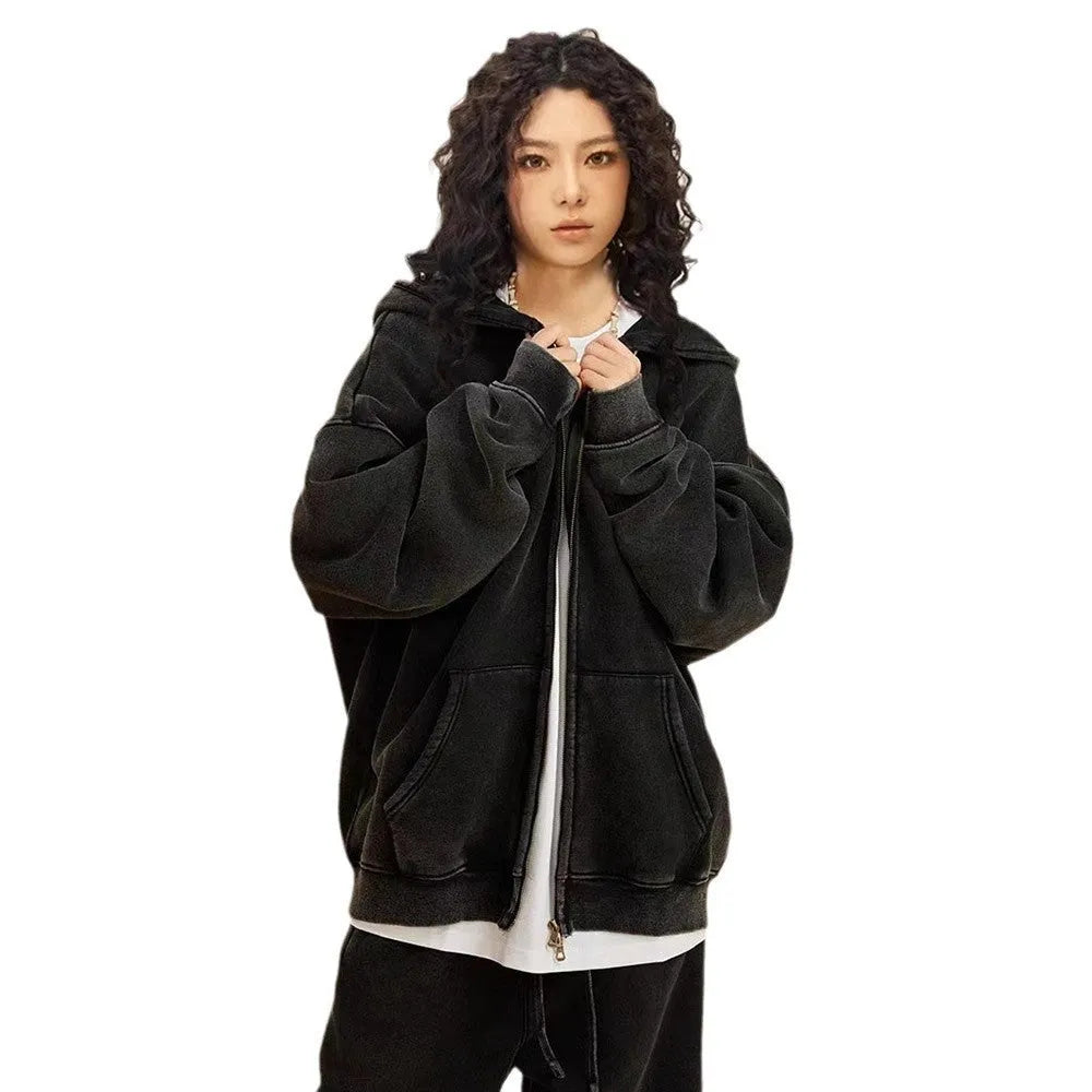 Men's washed cotton hooded cardigan sweater with fleece lining and double zipper front in dark green colour