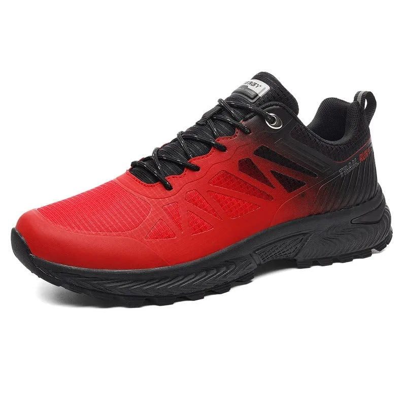 Men's black mesh outdoor running shoes with lace-up front and rubber sole, shown in size 45.
