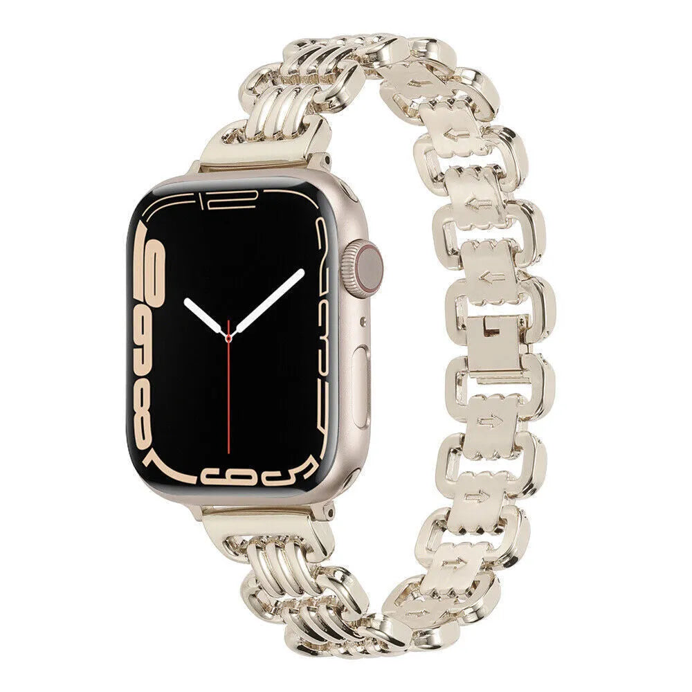 Alloy metal Apple Watch replacement bracelet in silver, black, gold, rose gold, and Starlight colours