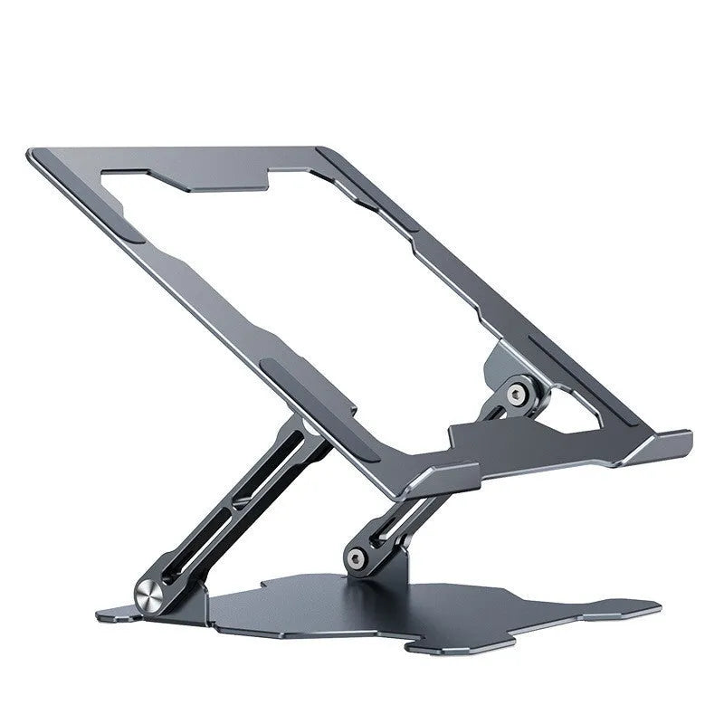 Grey aluminum laptop stand showing adjustable angle mechanism and folding design