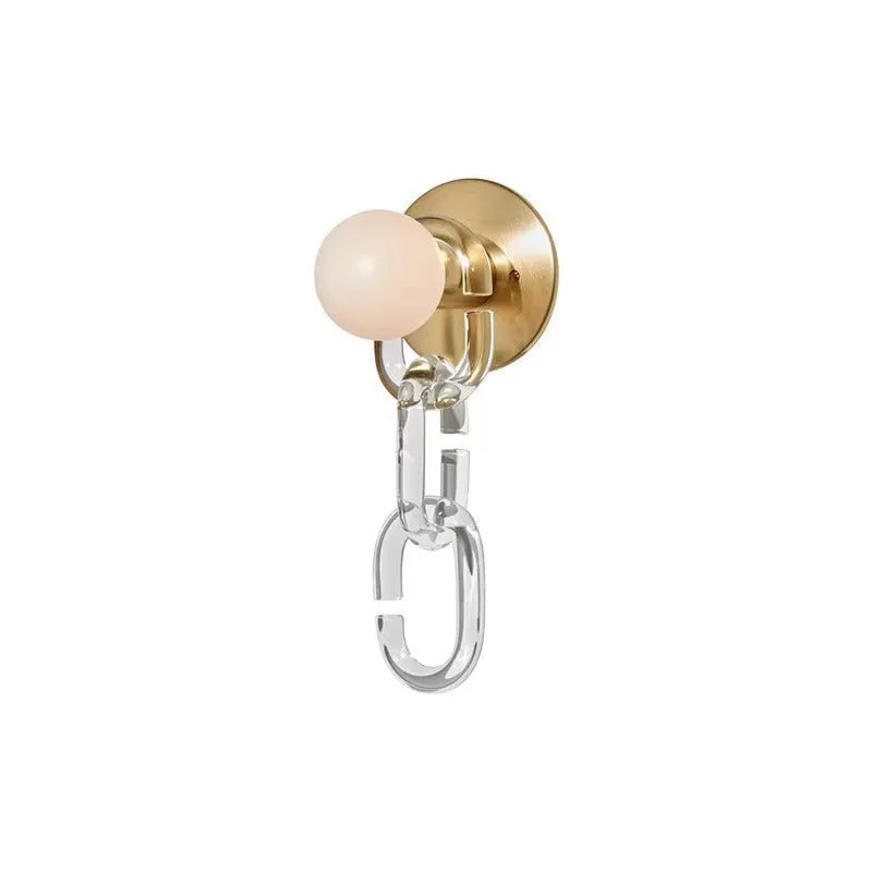 Simple glass ball bedroom wall lamp with black base and milky white chain, warm LED light
