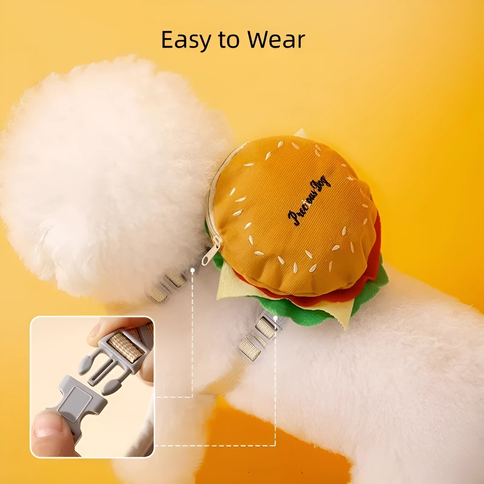 Cartoon hamburger design adjustable escape-proof vest leash for a dog on a walk.