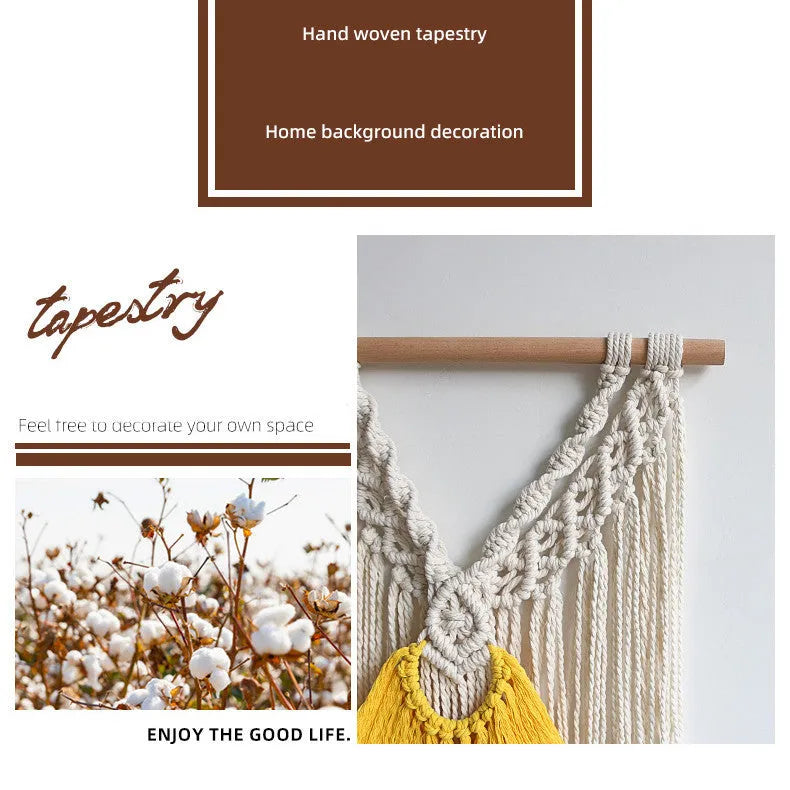 Nordic style hand-woven cotton wall tapestry rectangle 120cm x 95cm creamy white with yellow accents