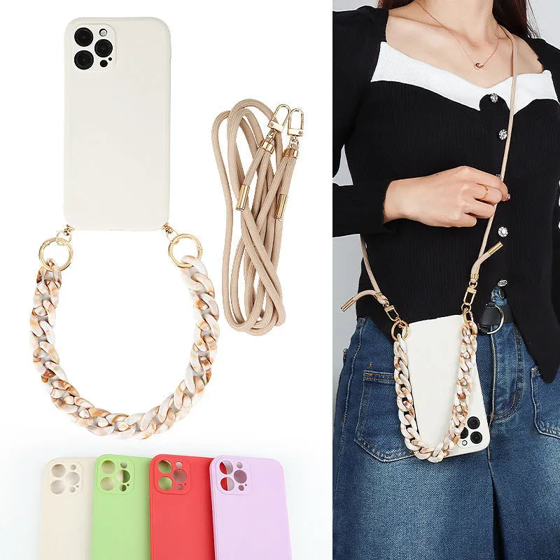Crossbody solid colour TPU phone case with fine hole texture and lanyard chain for iPhone 16 series