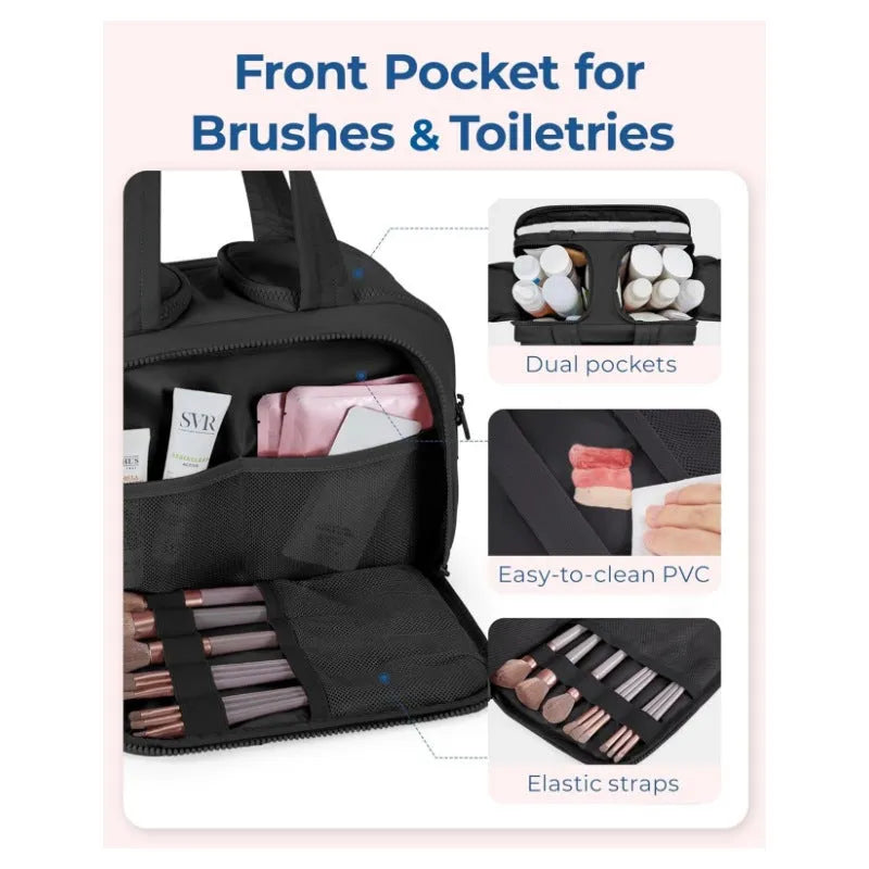 Large open travel toiletry bag in polyester fabric showing interior pocket and zip closure.