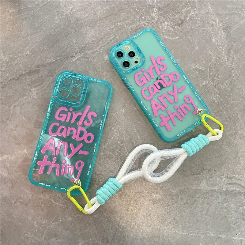 Mint green graffiti TPU phone case with lanyard showing blue-haired girl eating bread design for Apple iPhone