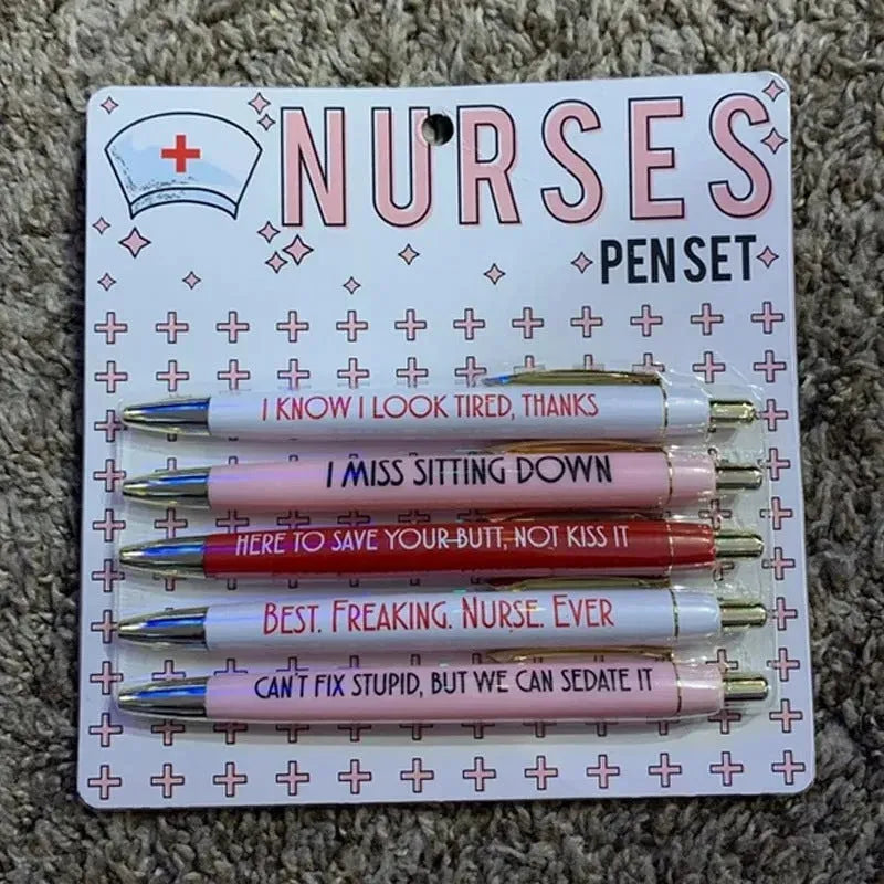Five plastic retractable ballpoint pens with nurse theme copywriting design, each 14cm long