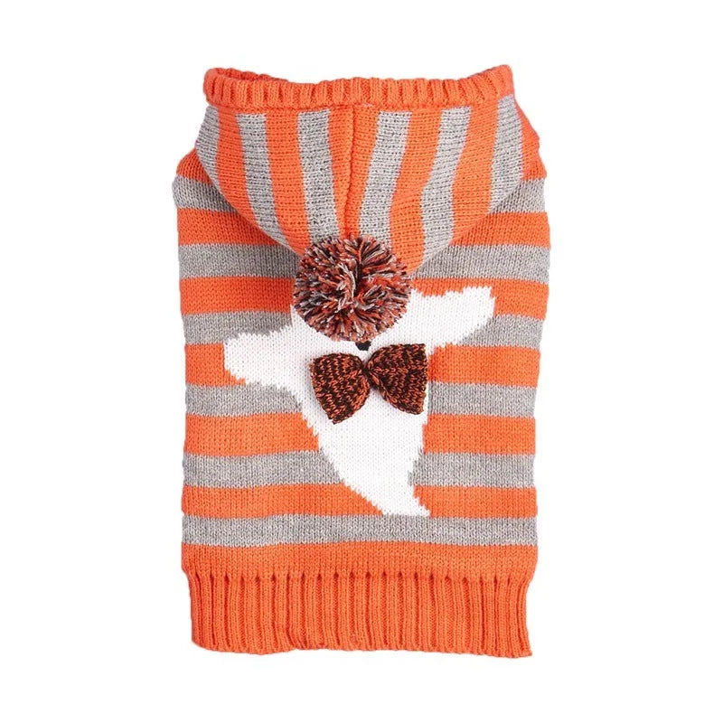Halloween knitted cold-proof contrast colour striped hooded fur ball pet sweater in orange for dogs and cats