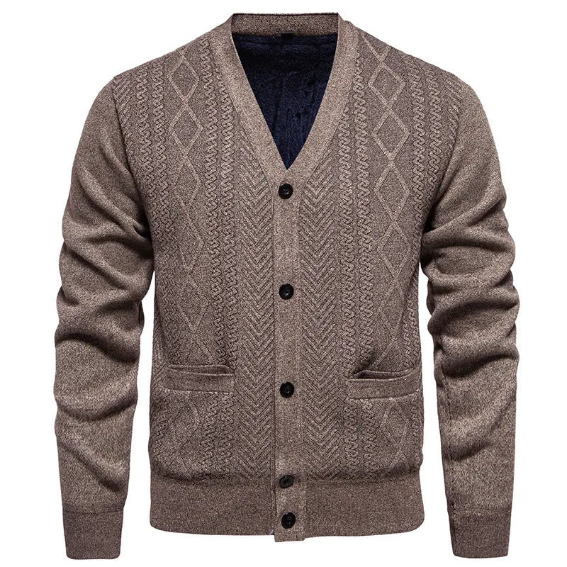 Men's striped cardigan sweater in brown with long sleeves and a front button opening.
