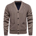 Men's striped cardigan sweater in brown with long sleeves and a front button opening.