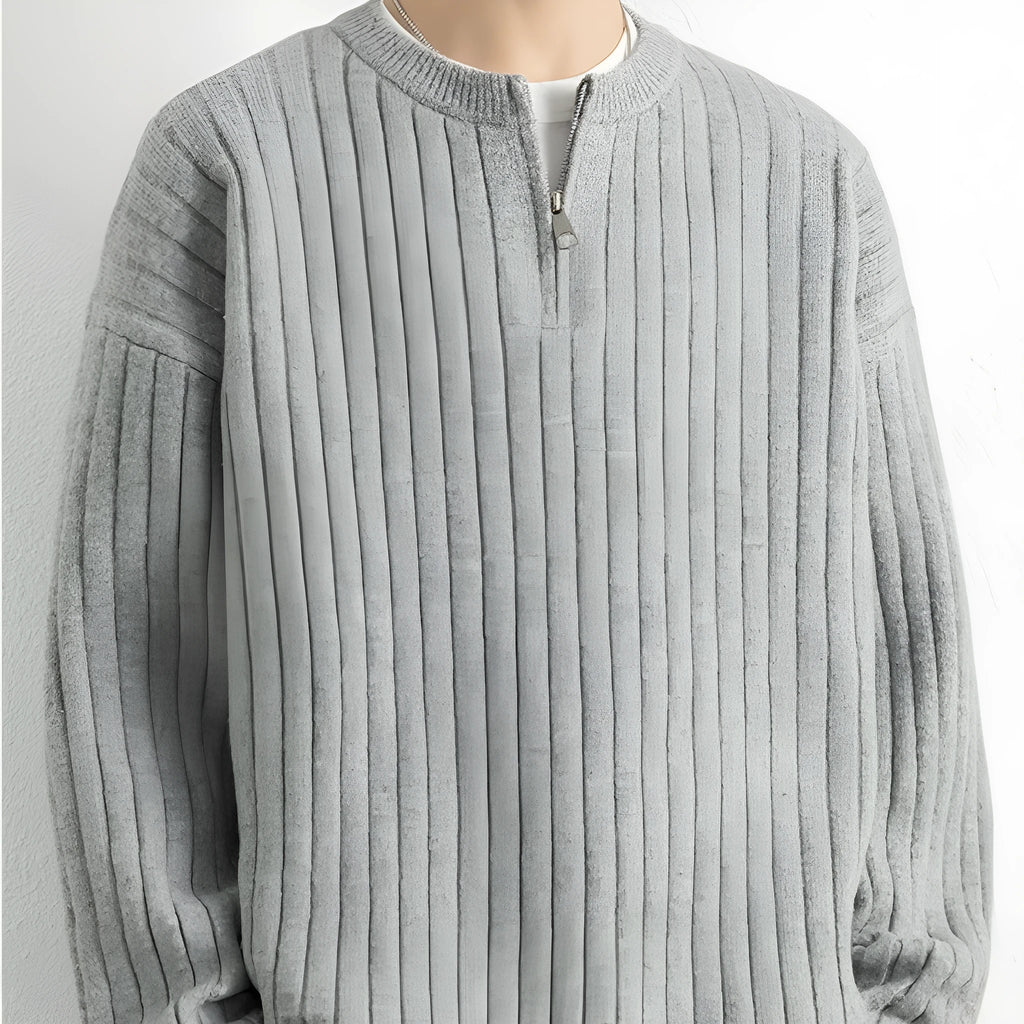 Men's grey textured knit half-zip pullover sweater with loose fit and long sleeves