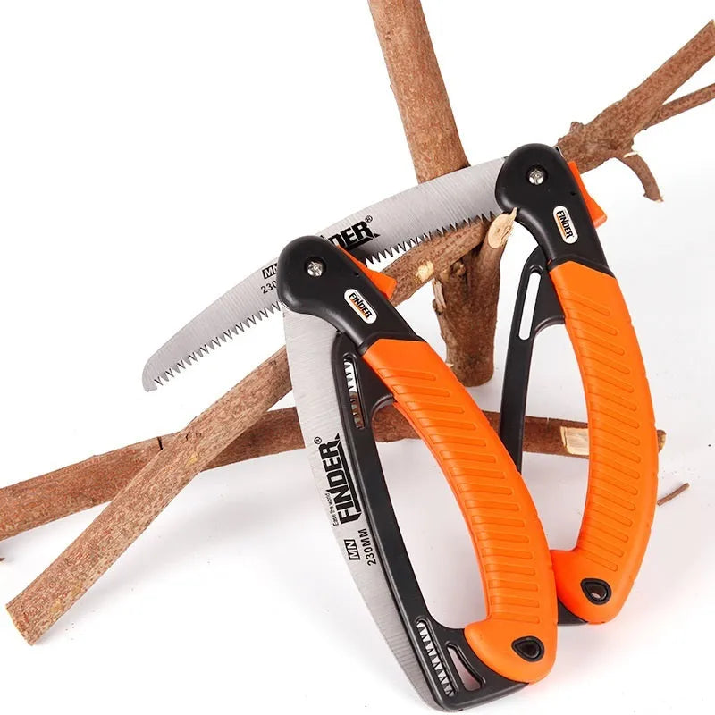 Folding garden saw with 230mm steel blade and textured TPR handle, shown open and closed