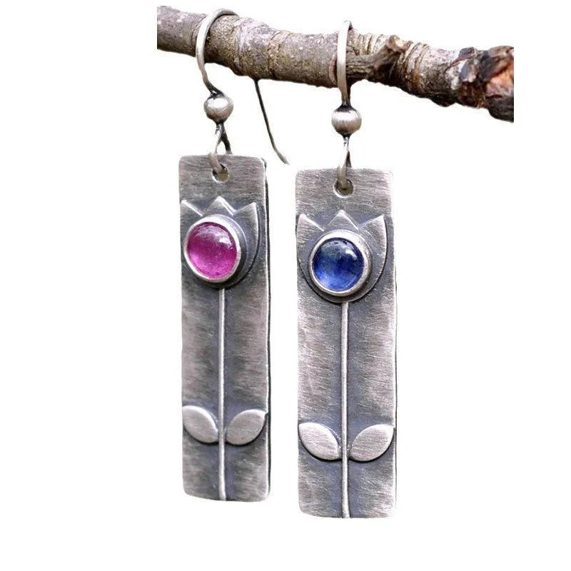 Women's antique finish red sapphire geometric earrings with retro style and electroplated metal construction