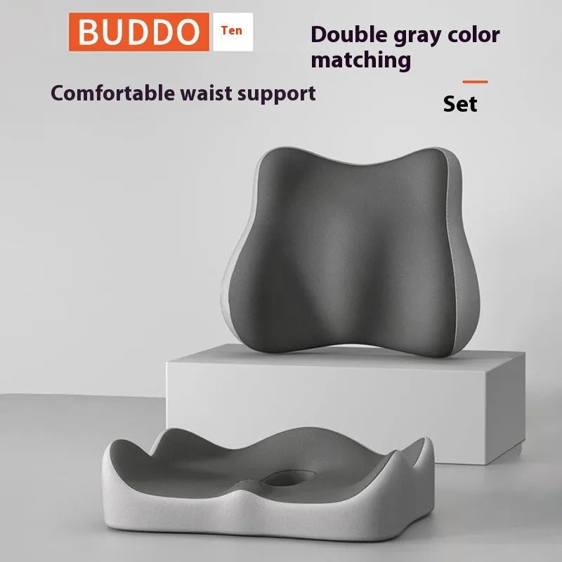 Memory foam waist support seat cushion in blue and grey colour combination on office chair