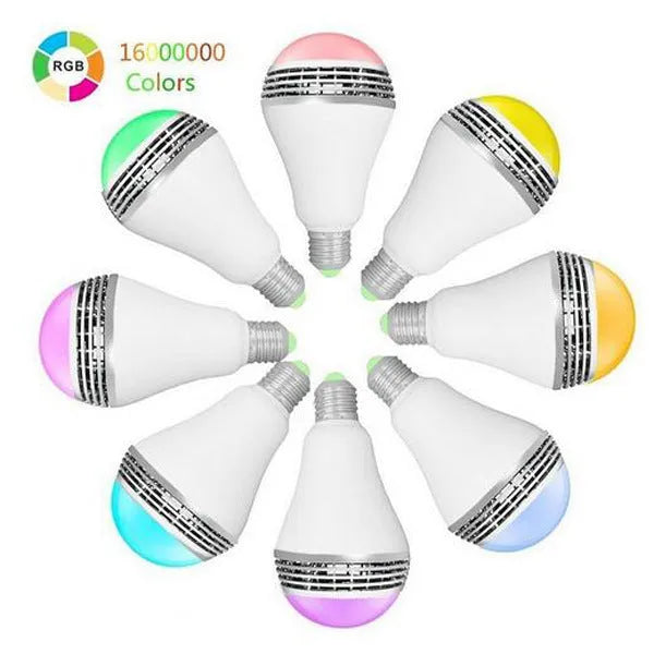 Smart LED bulb with integrated Bluetooth speaker for E27 lamp holders, showing colour-changing RGB light.