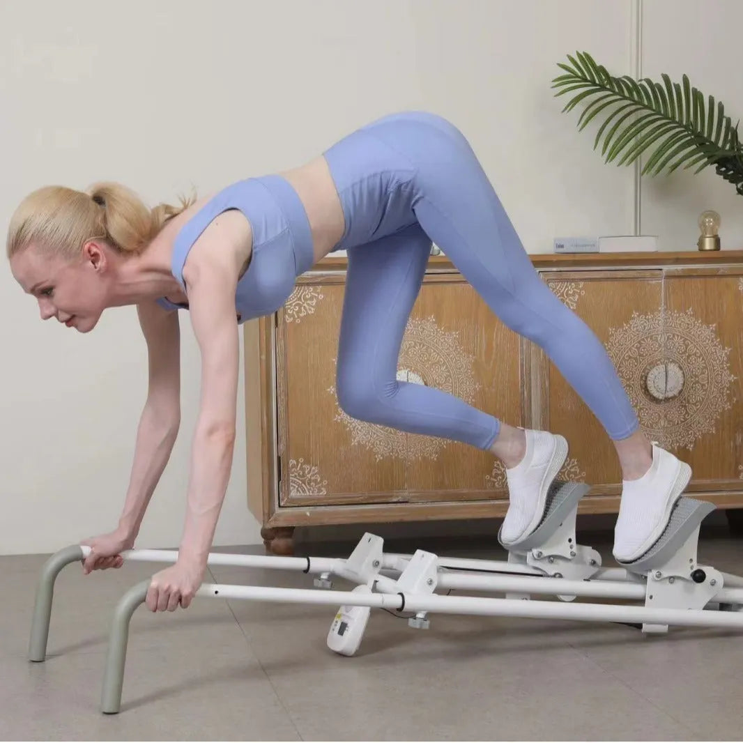 Foldable white treadmill with integrated climbing frame for home fitness workouts