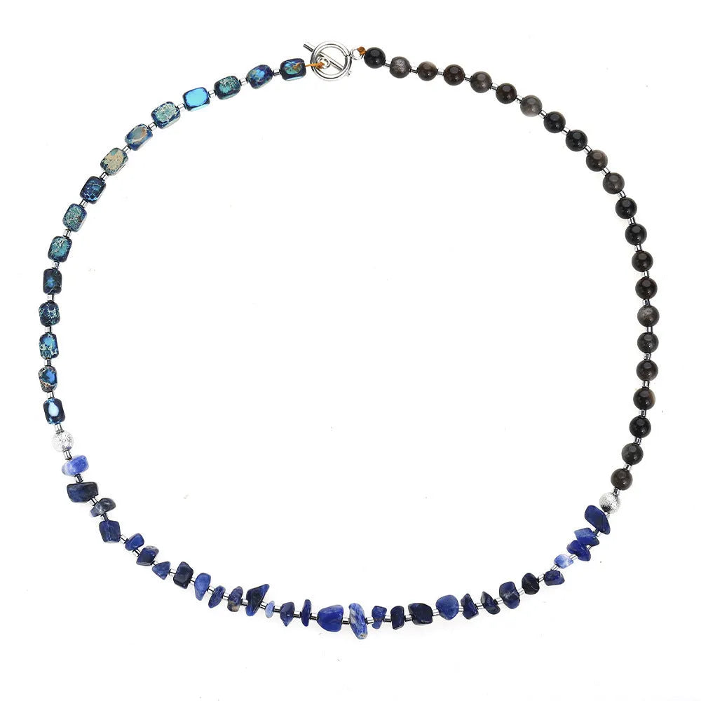 Female retro multi-layer hand woven crushed stone bracelet in blue with Fang Hui stone and gold Obsidian beads
