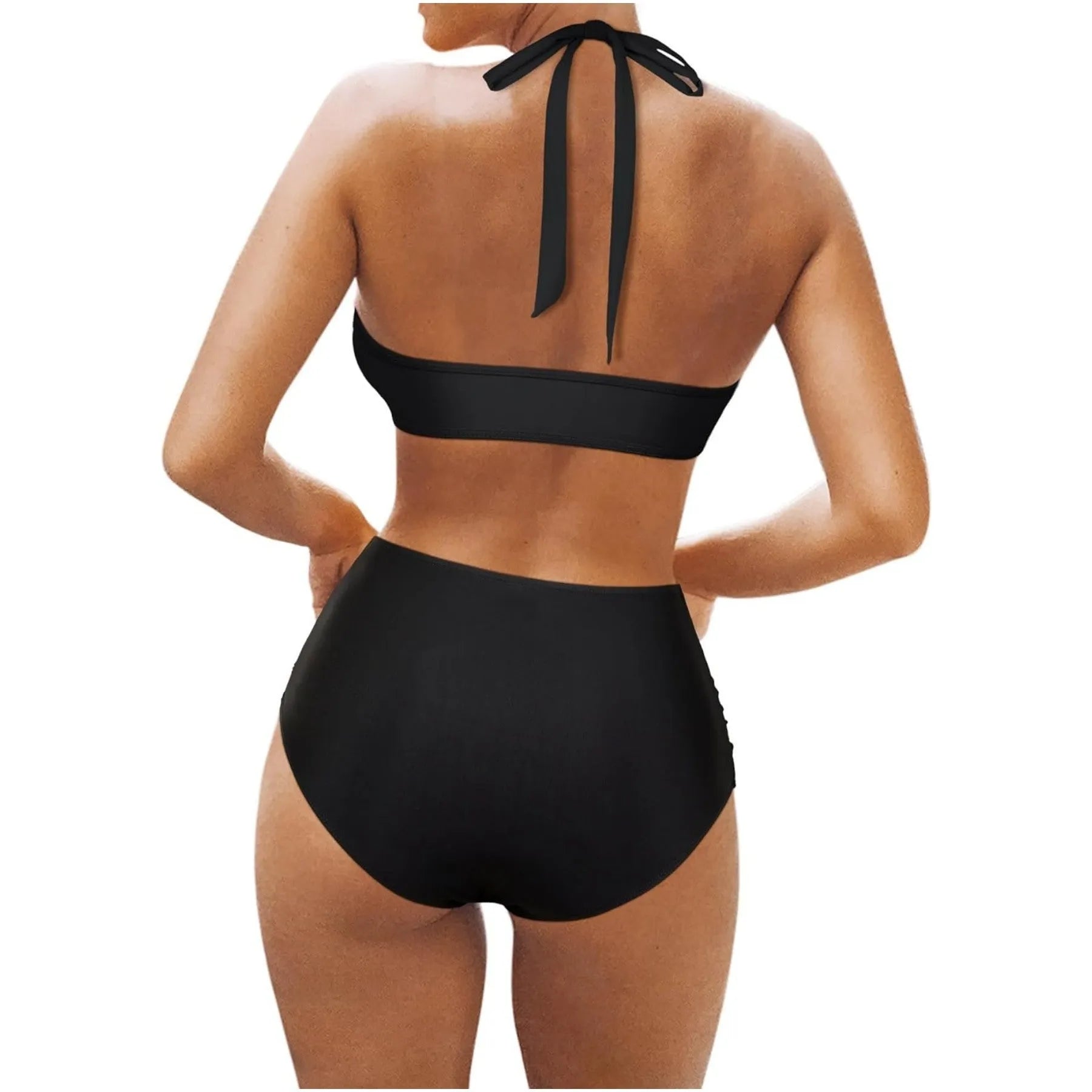 Women's split bikini swimsuit in black with polyester fibre lining, briefs style, front view