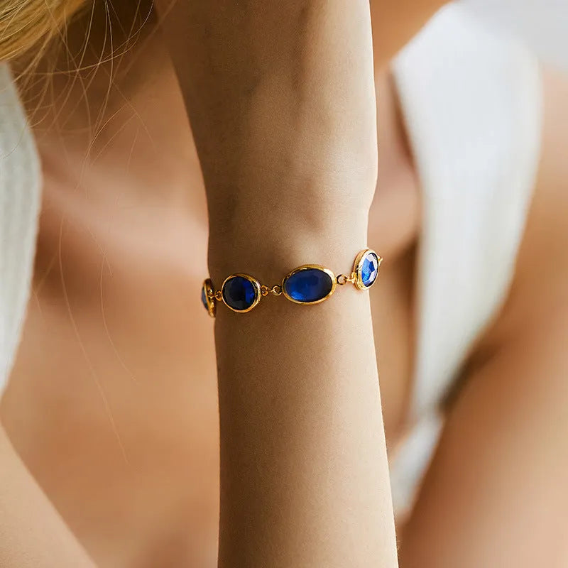 Copper bracelet with 18K gold plating and blue glass inlay, geometry shape, women's fashion OL style