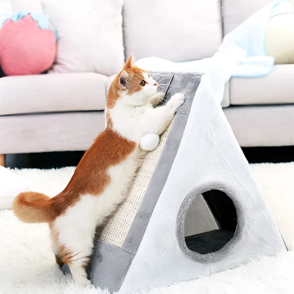 Triangular cat bed with integrated sisal scratching surface in grey and white colour option