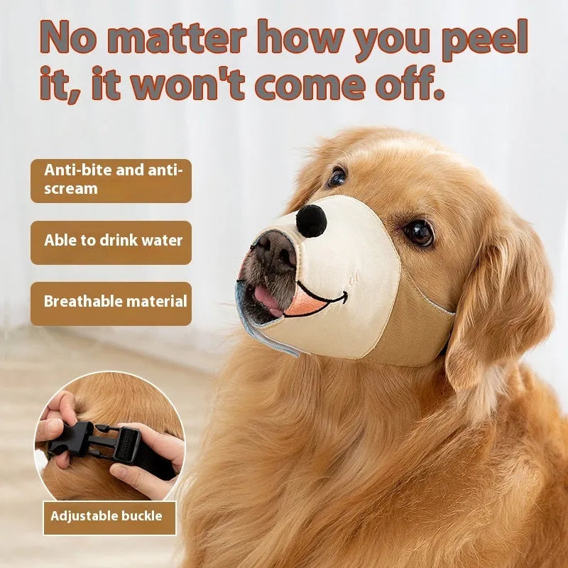 Canvas dog muzzle in Ollie Brown Bear and Bondi Blue Shark designs with sizing guide for dogs 3-50kg