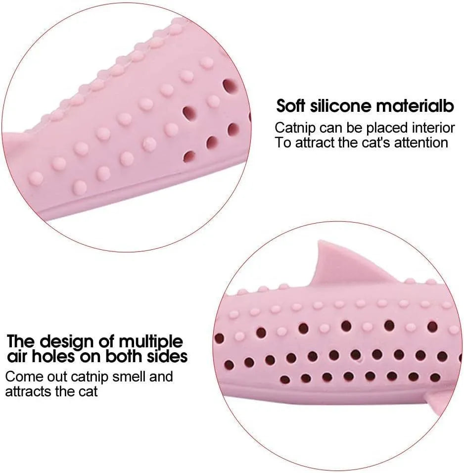 Green silicone fish-shaped chew toy for cats on a white background, showing side air holes.