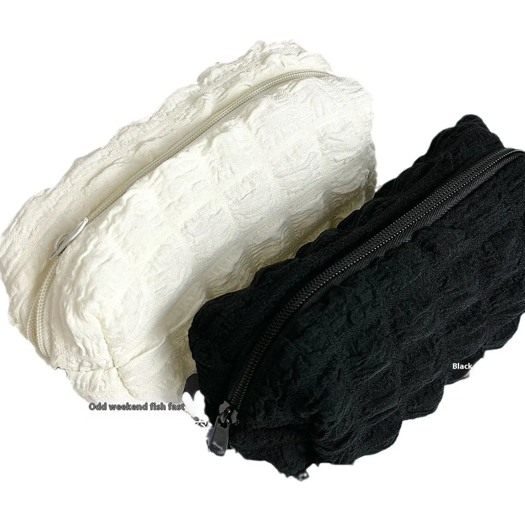 Fabric pencil case with Fashion Personality Cream Puff design in beige and black colour options