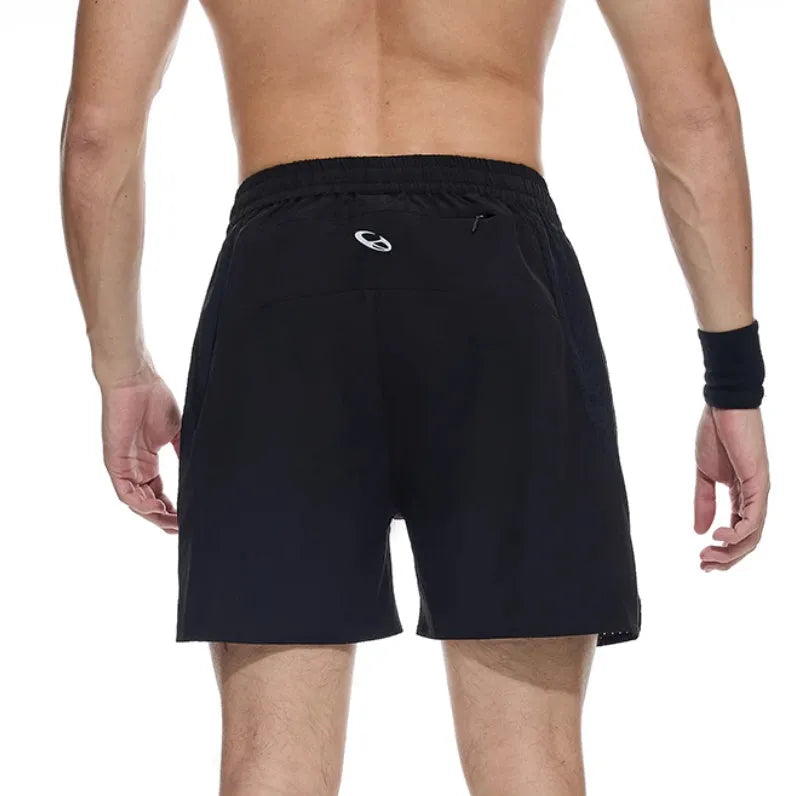 Men's black running shorts with laser punching detail and stretch fabric