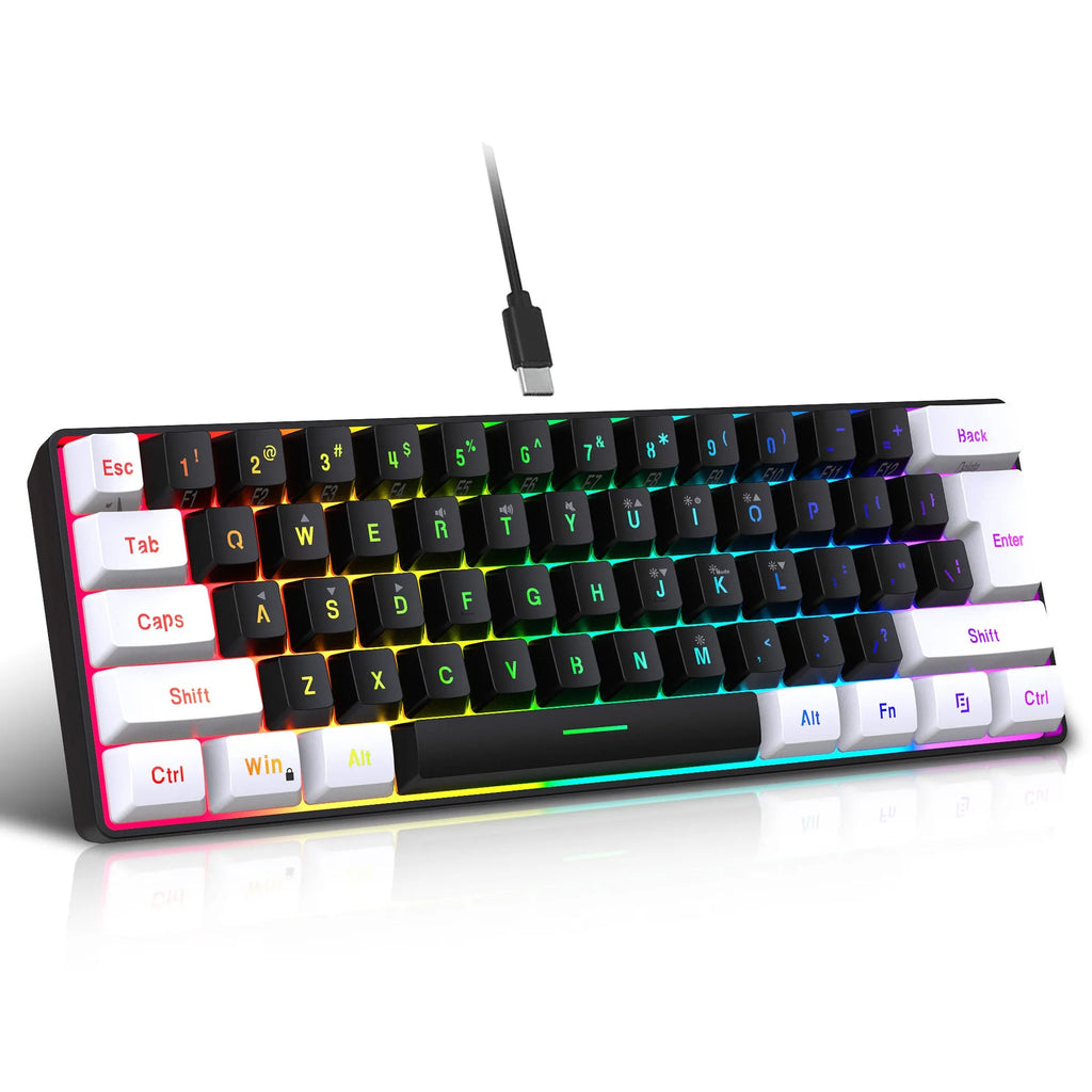 61-key wired membrane keyboard in white and black, ABS plastic, 28.7cm width